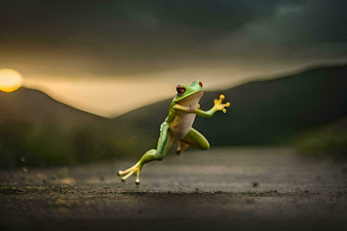 a frog jumping on the road with a sunset in the background. AI-Generated photo