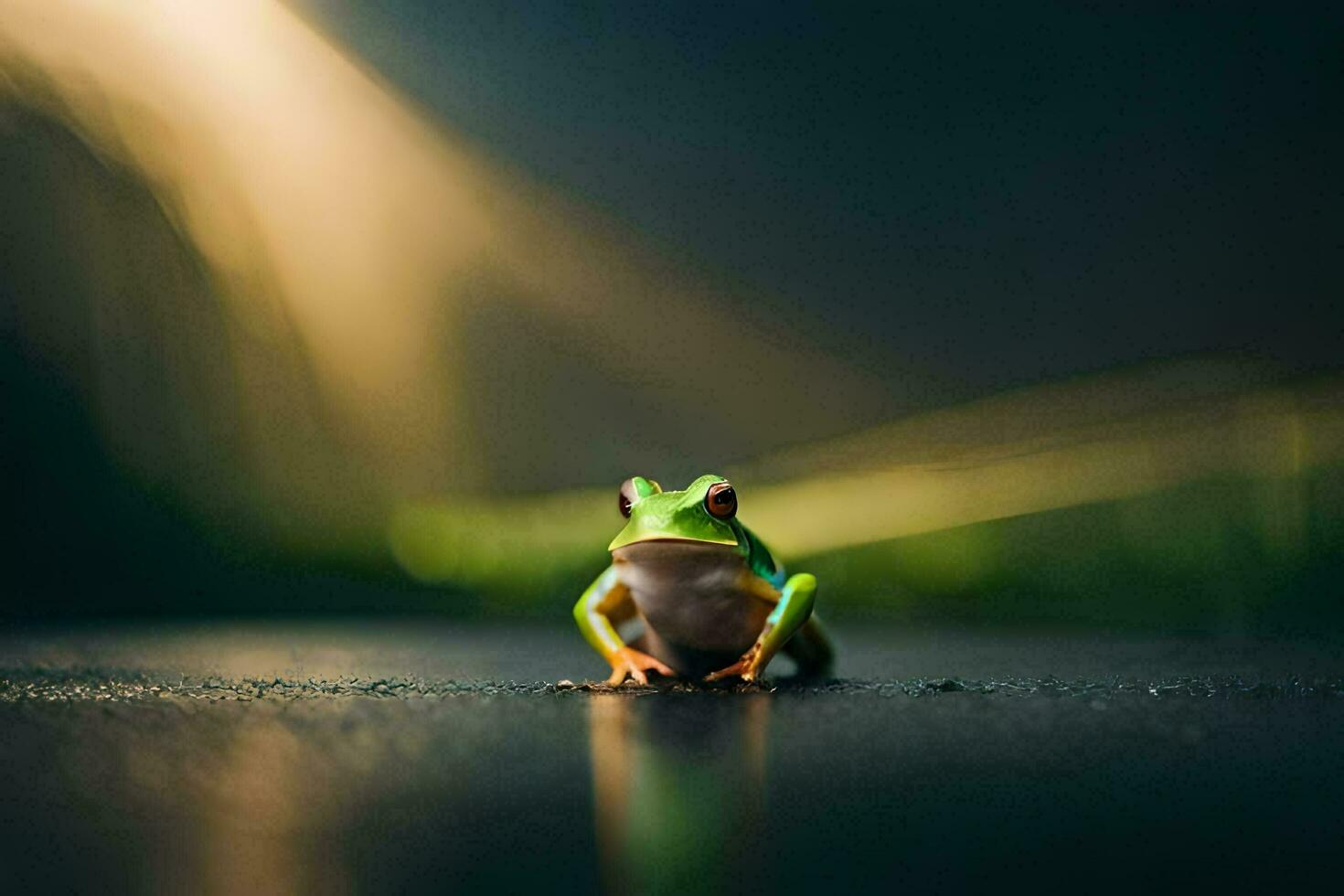 a frog sitting on the ground in the dark. AI-Generated photo
