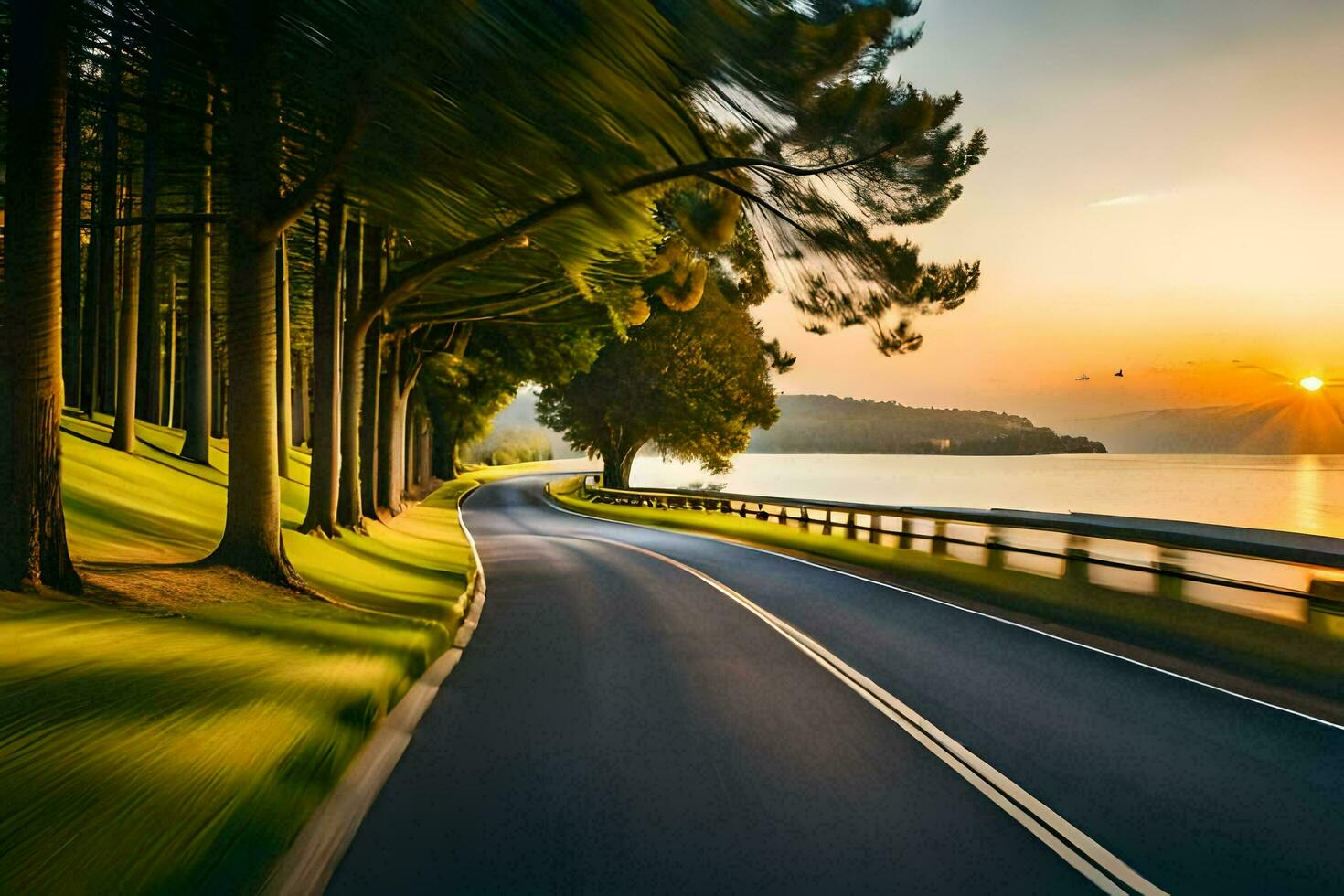 a road with trees and the sun setting over the water. AI-Generated photo