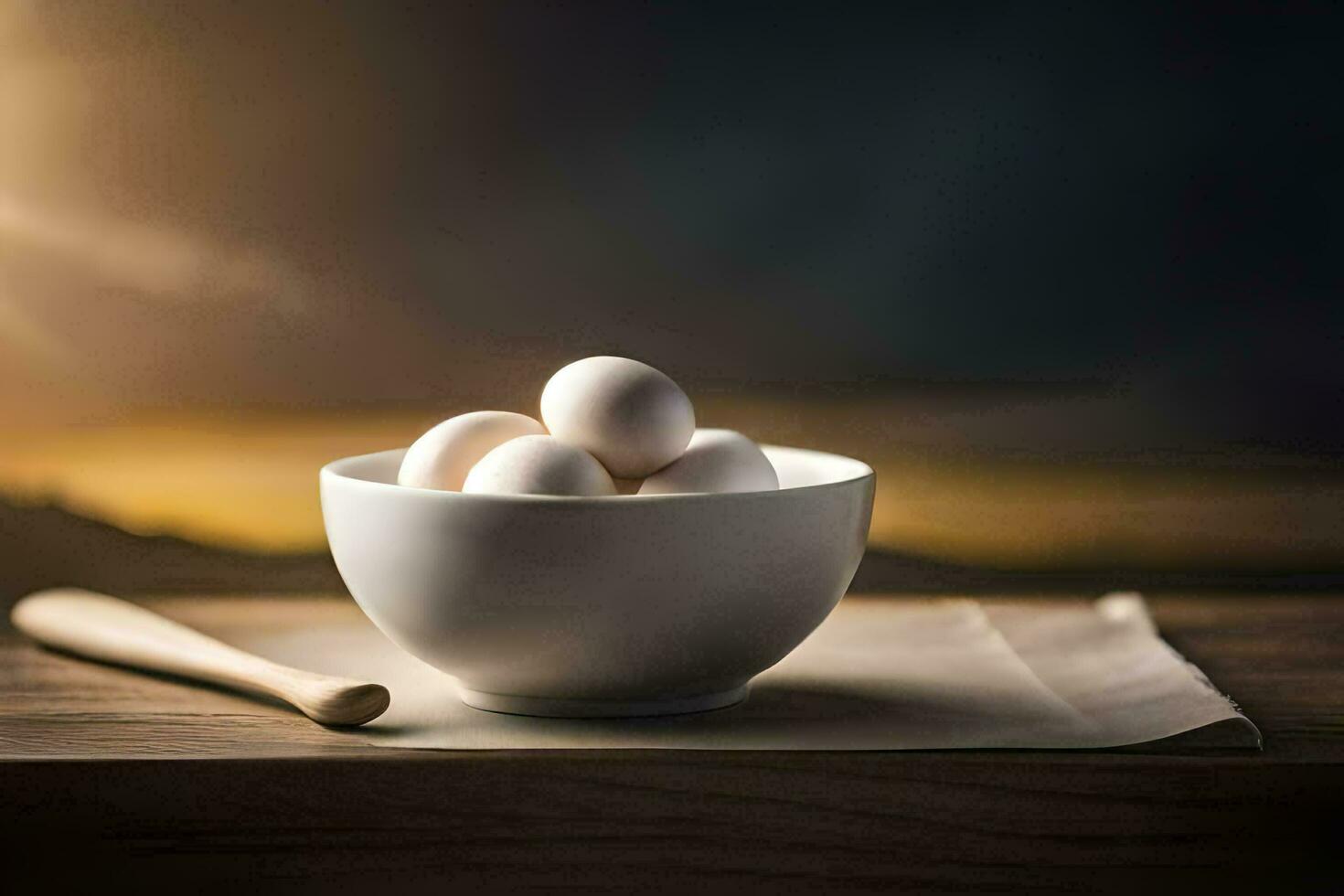 a bowl of eggs on a table with a wooden spoon. AI-Generated photo