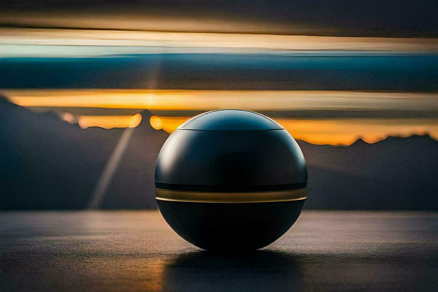 un negro pelota sentado en un mesa con un puesta de sol en el antecedentes. generado por ai foto