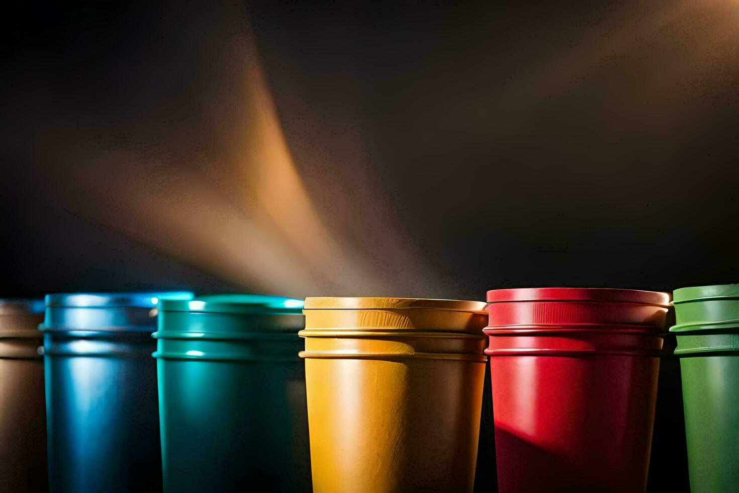 a row of colorful cups on a black background. AI-Generated photo