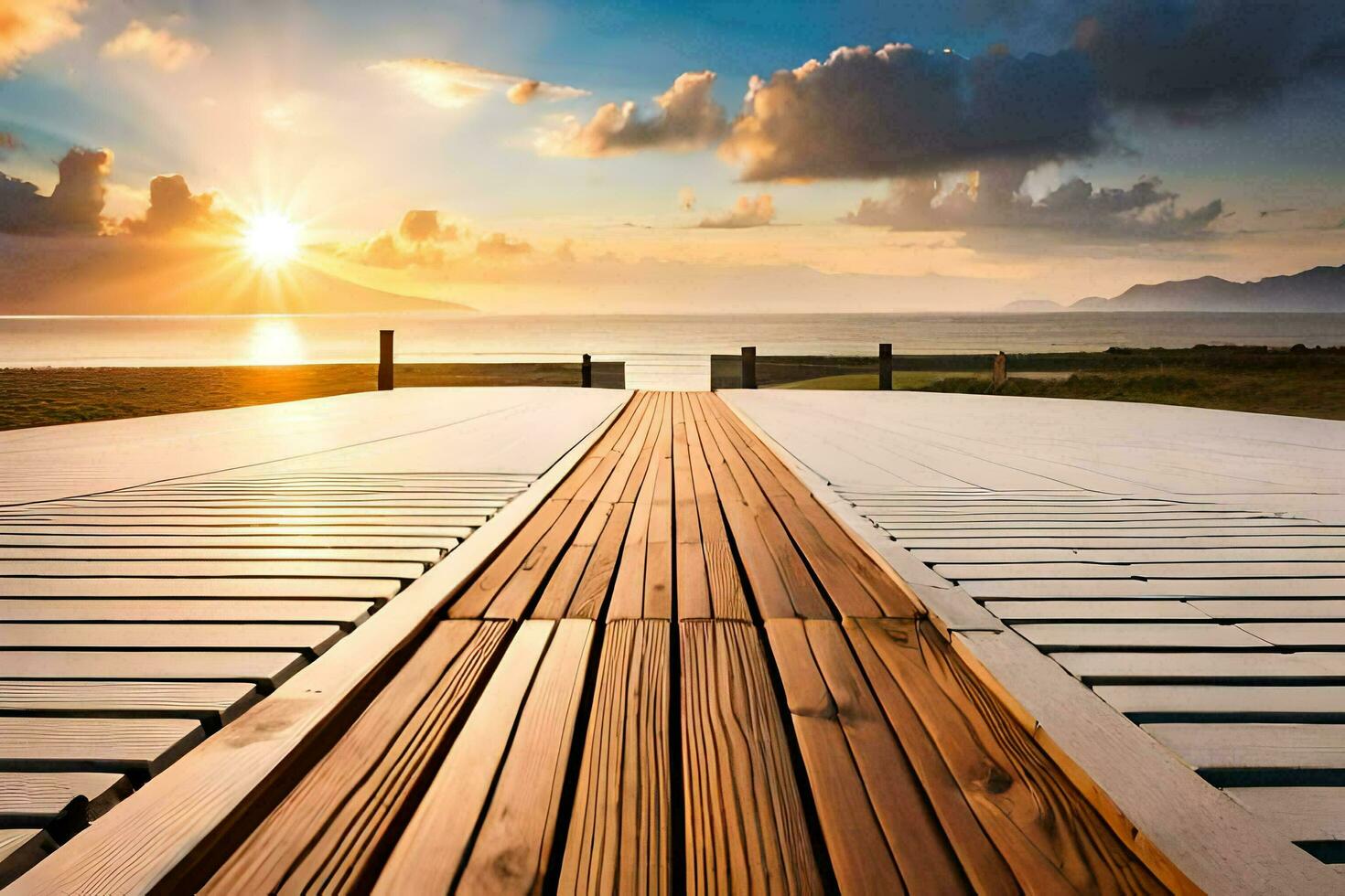 a wooden walkway leads to the ocean at sunset. AI-Generated photo