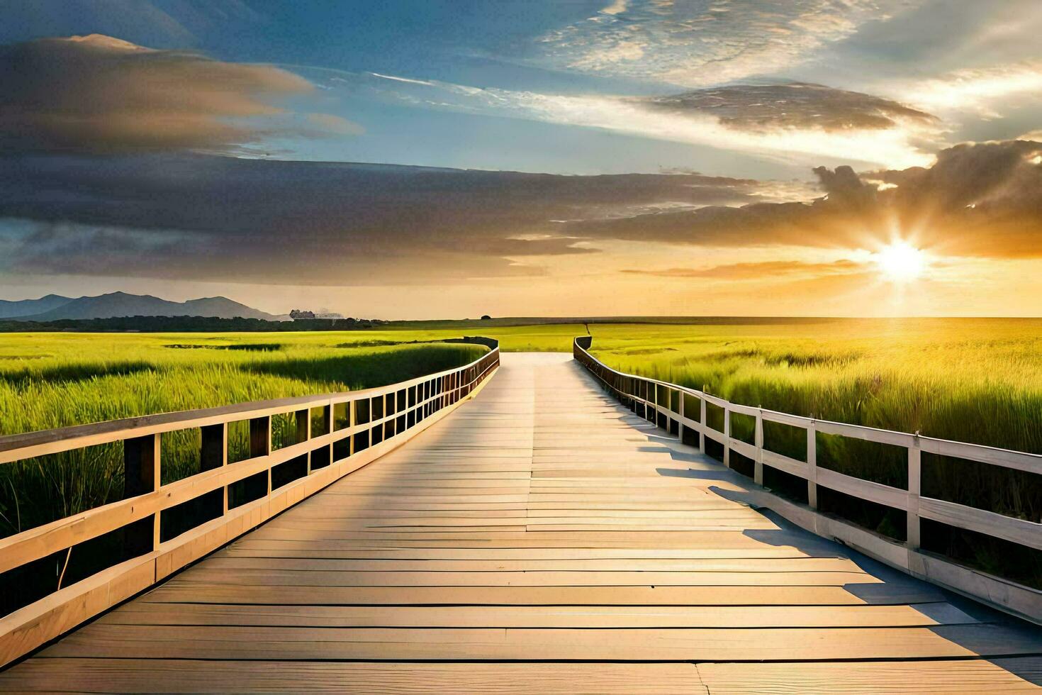 a wooden bridge leads to a green field. AI-Generated photo
