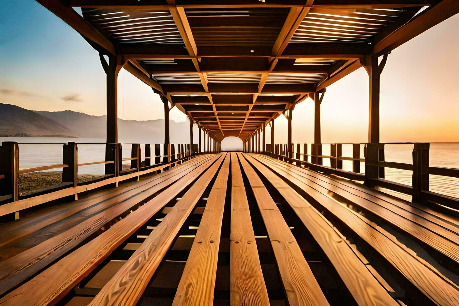 a long wooden pier with a sunset behind it. AI-Generated photo