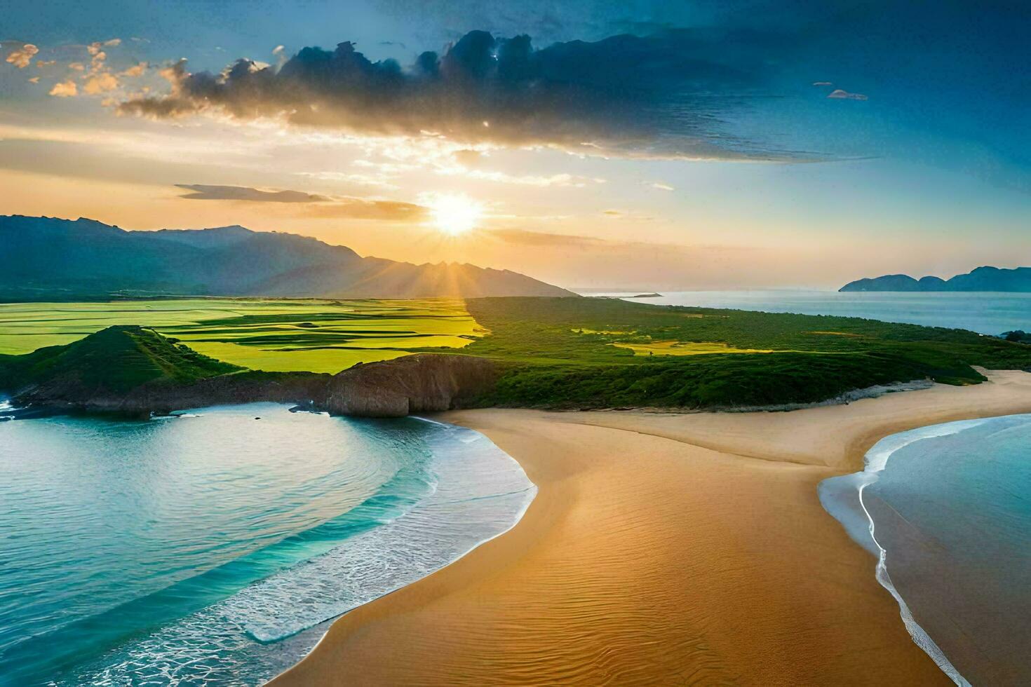 the sun sets over the ocean and the beach in this beautiful photo. AI-Generated photo