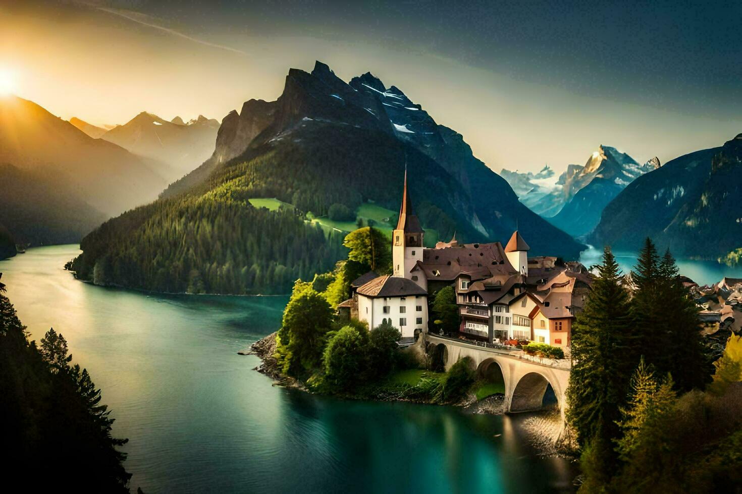 the sun sets over a mountain village in the alps. AI-Generated photo
