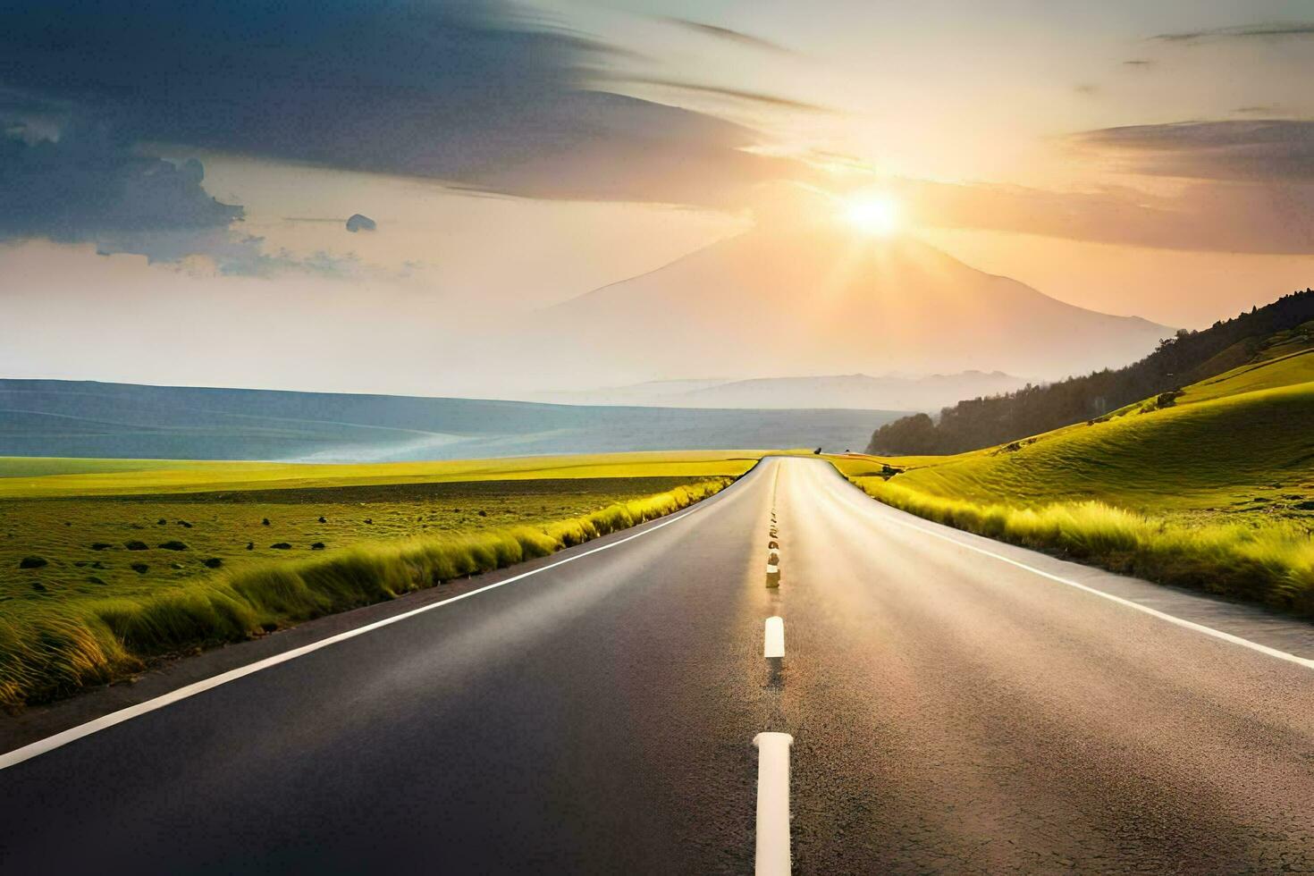 a long road with the sun setting behind it. AI-Generated photo