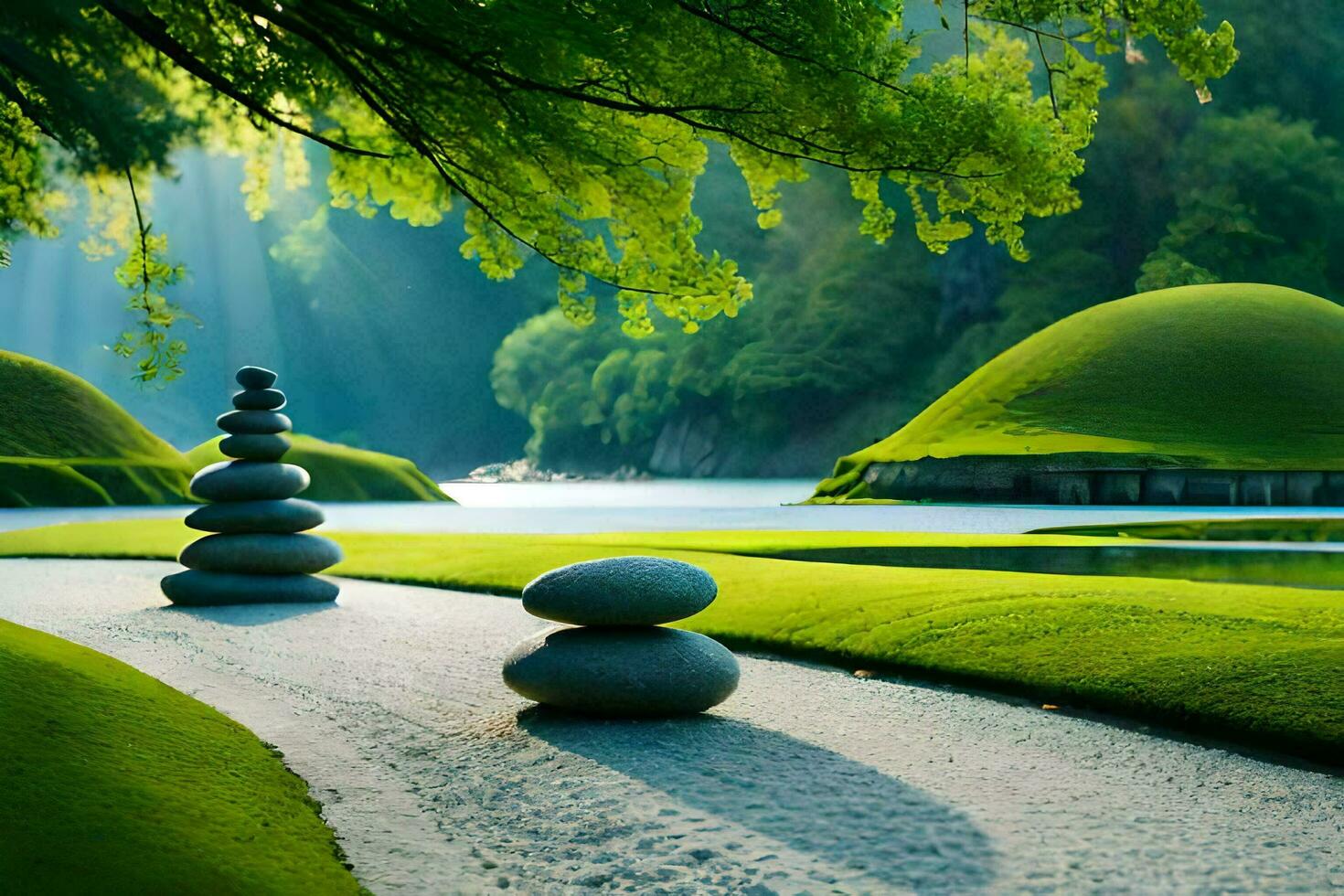 a zen garden with rocks and trees. AI-Generated photo