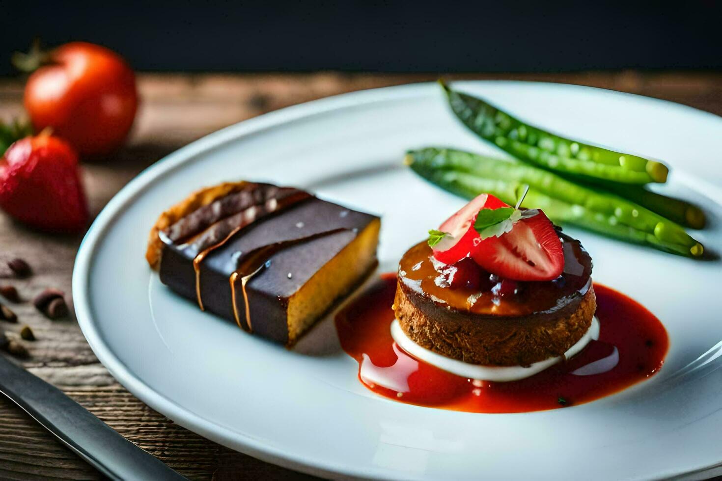 a plate with a dessert and a piece of cake. AI-Generated photo