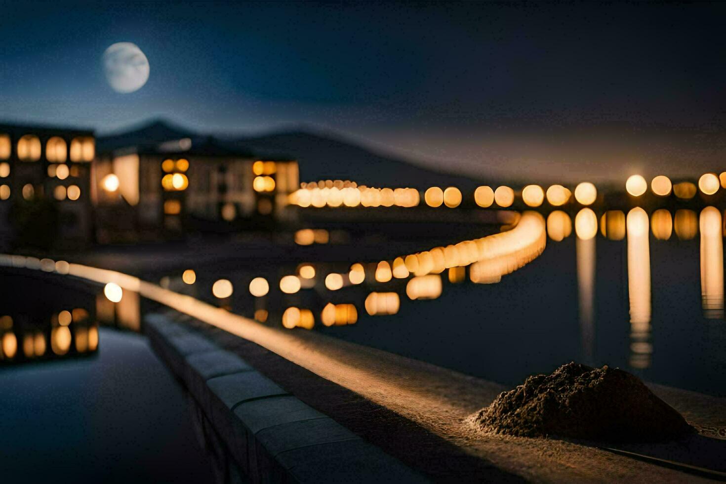 foto fondo de pantalla el luna, noche, el ciudad, el río, el luna, el ciudad,. generado por ai