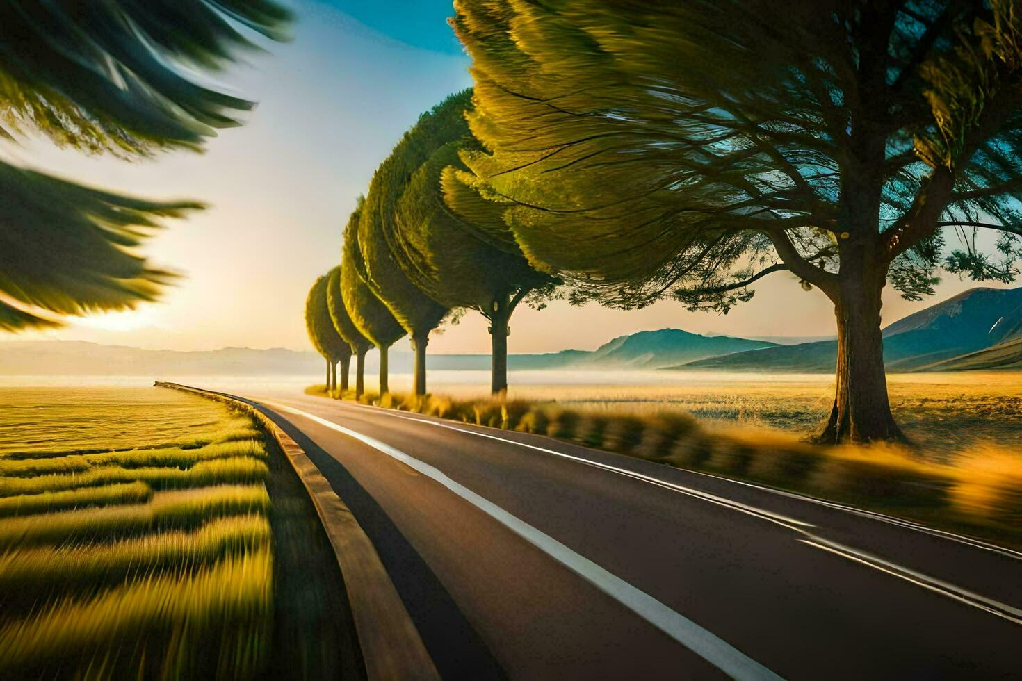 a long exposure photo of a road with trees in the background. AI-Generated