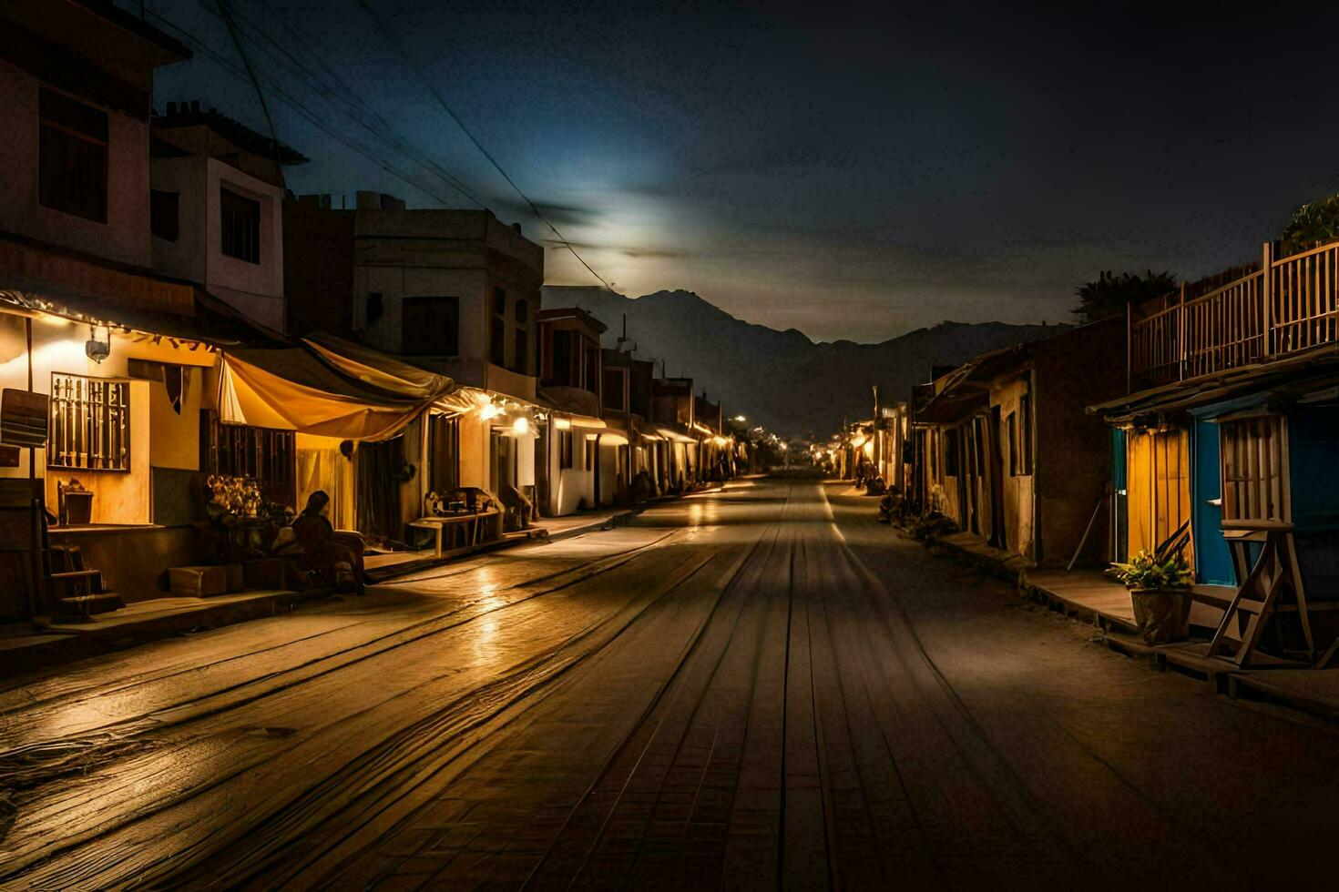 a street at night with a full moon in the background. AI-Generated photo