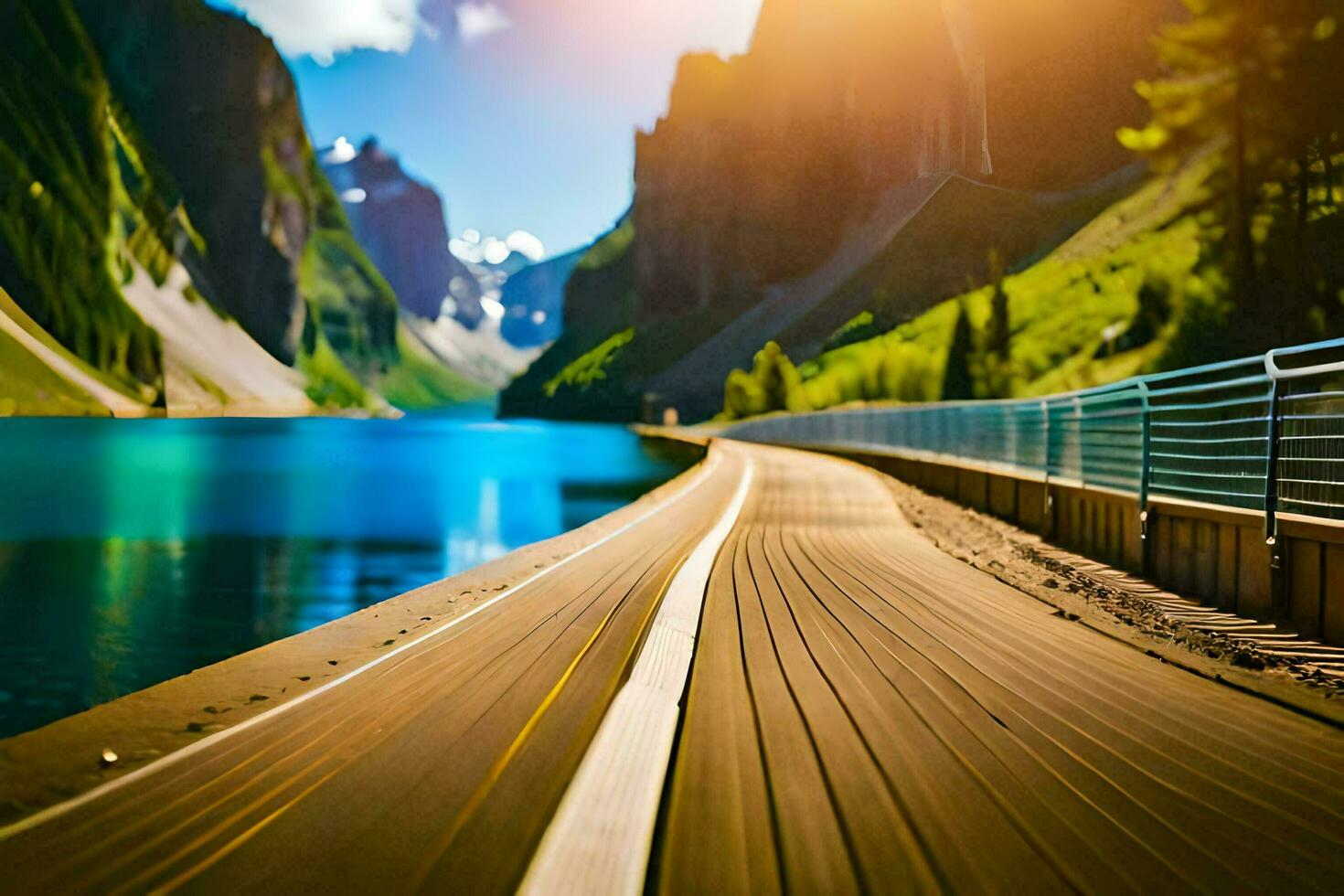 a long road with mountains in the background. AI-Generated photo