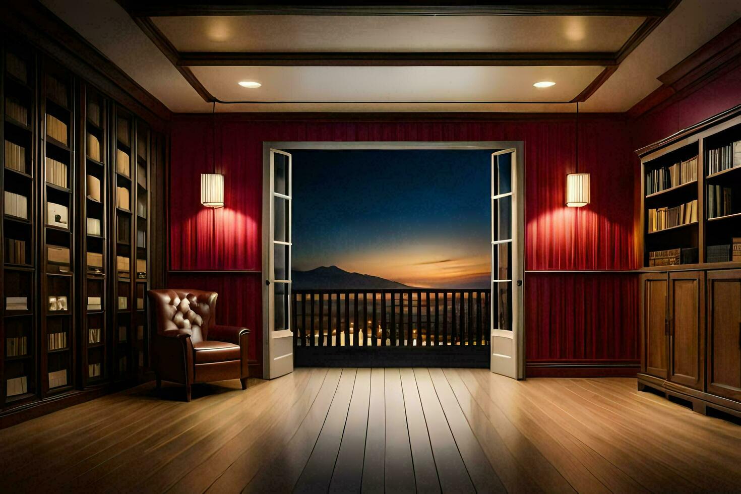 a room with a red wall and wooden floor. AI-Generated photo