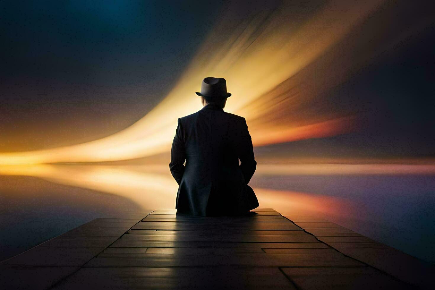 a man in a hat sits on a dock at night. AI-Generated photo