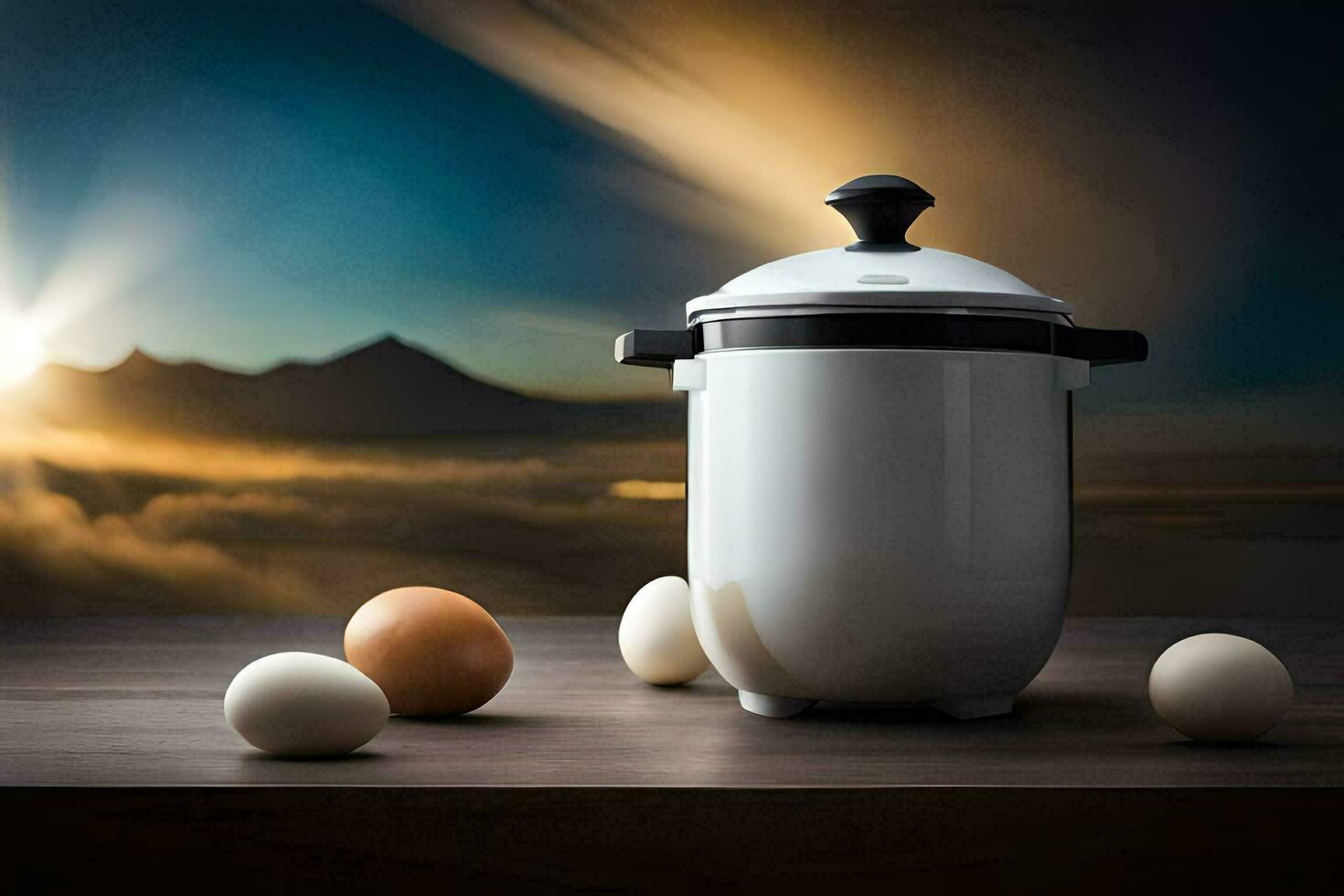 an egg cooker and eggs on a table. AI-Generated photo