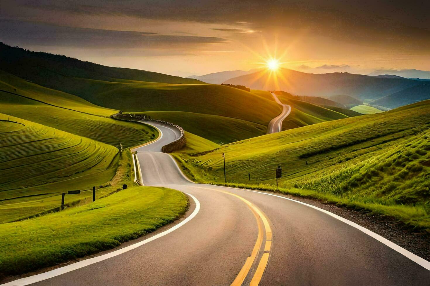 a winding road in the middle of a green field. AI-Generated photo