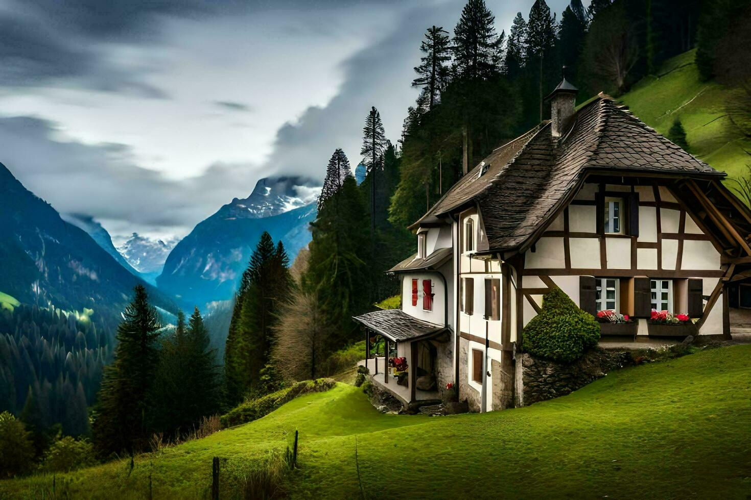 a house in the mountains with a view of the mountains. AI-Generated photo