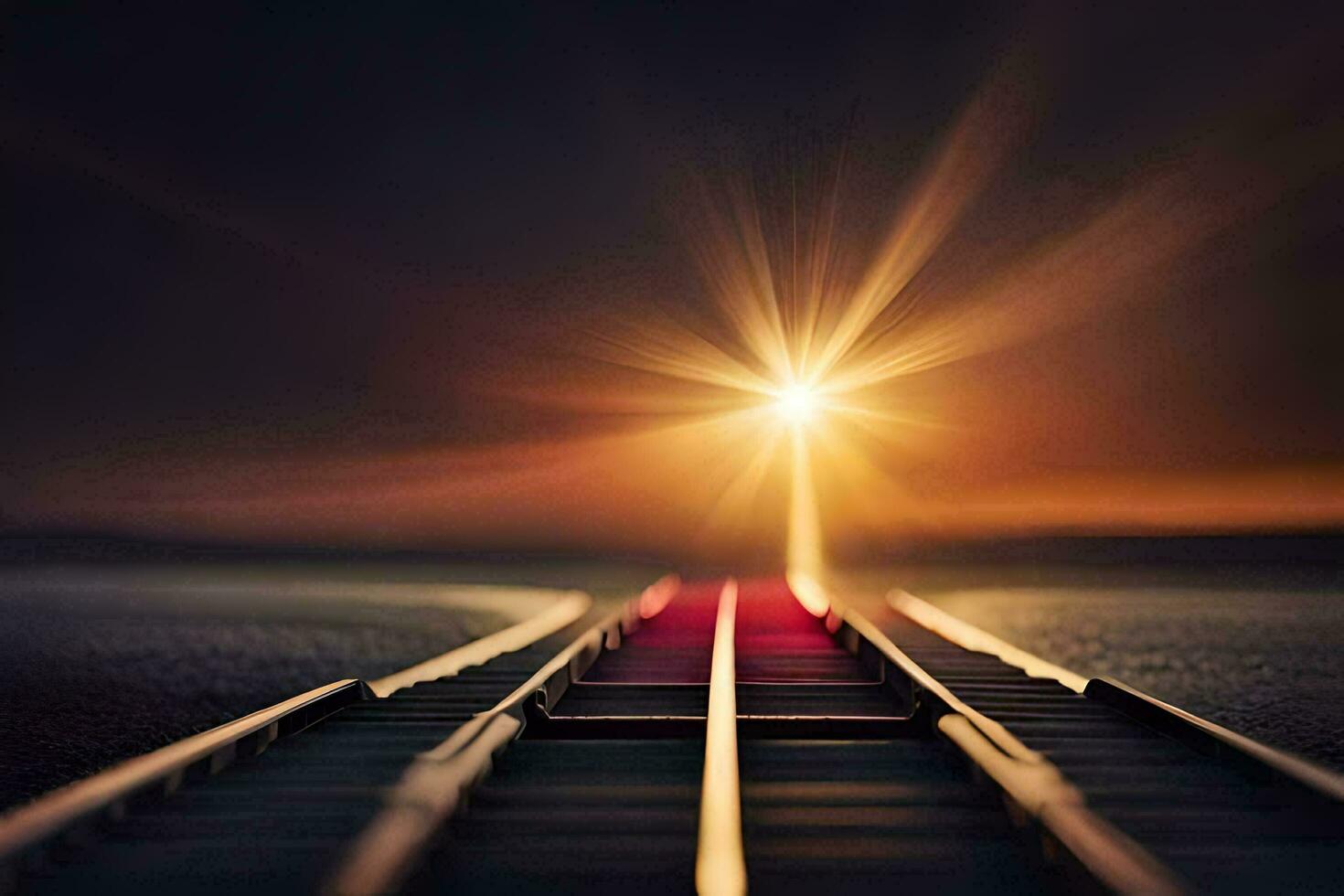 a railroad track leading to a bright light. AI-Generated photo