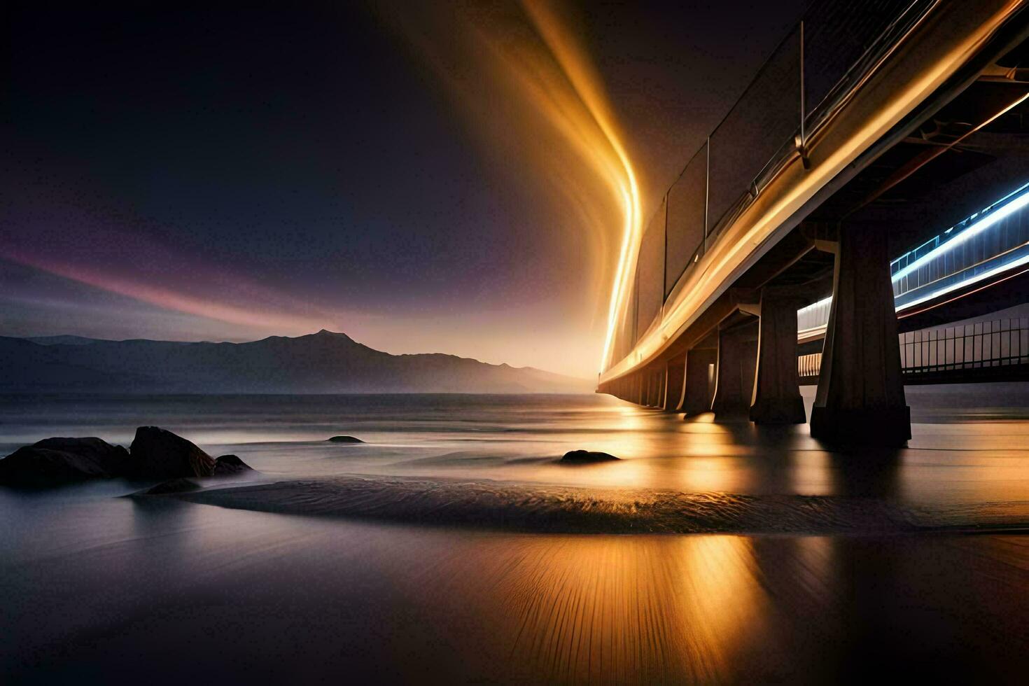 a long exposure photograph of a bridge over the ocean. AI-Generated photo