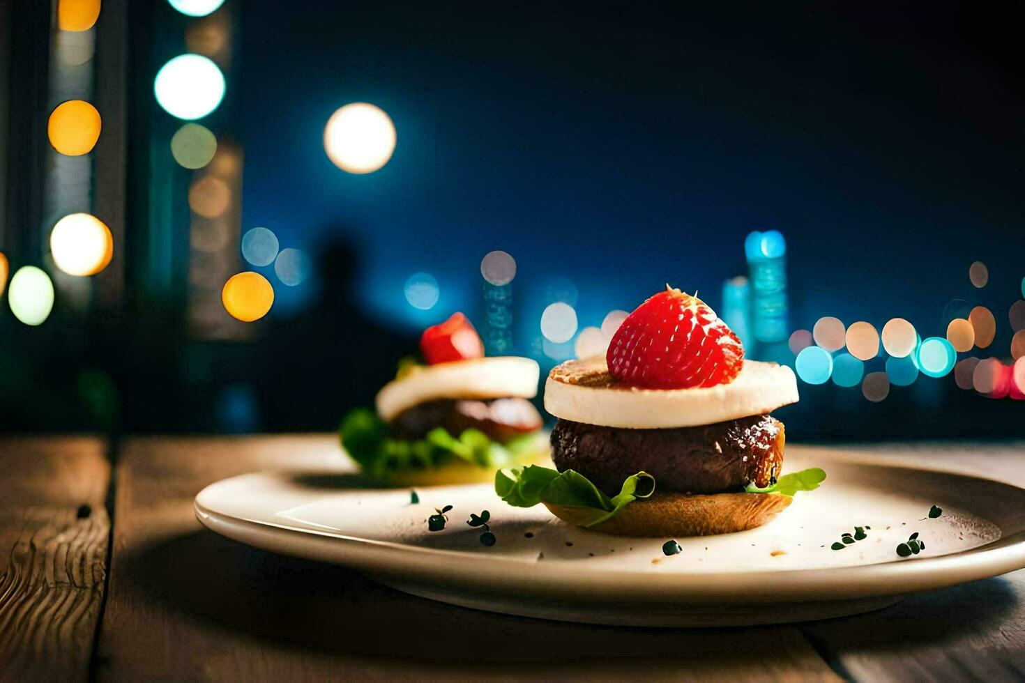 a plate with a burger and strawberry on it. AI-Generated photo