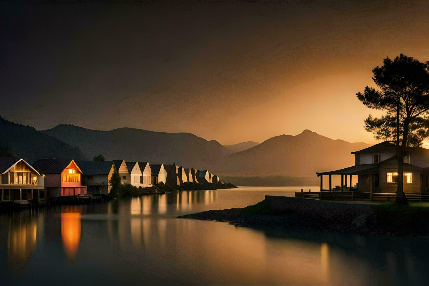 a lake and houses at sunset. AI-Generated photo