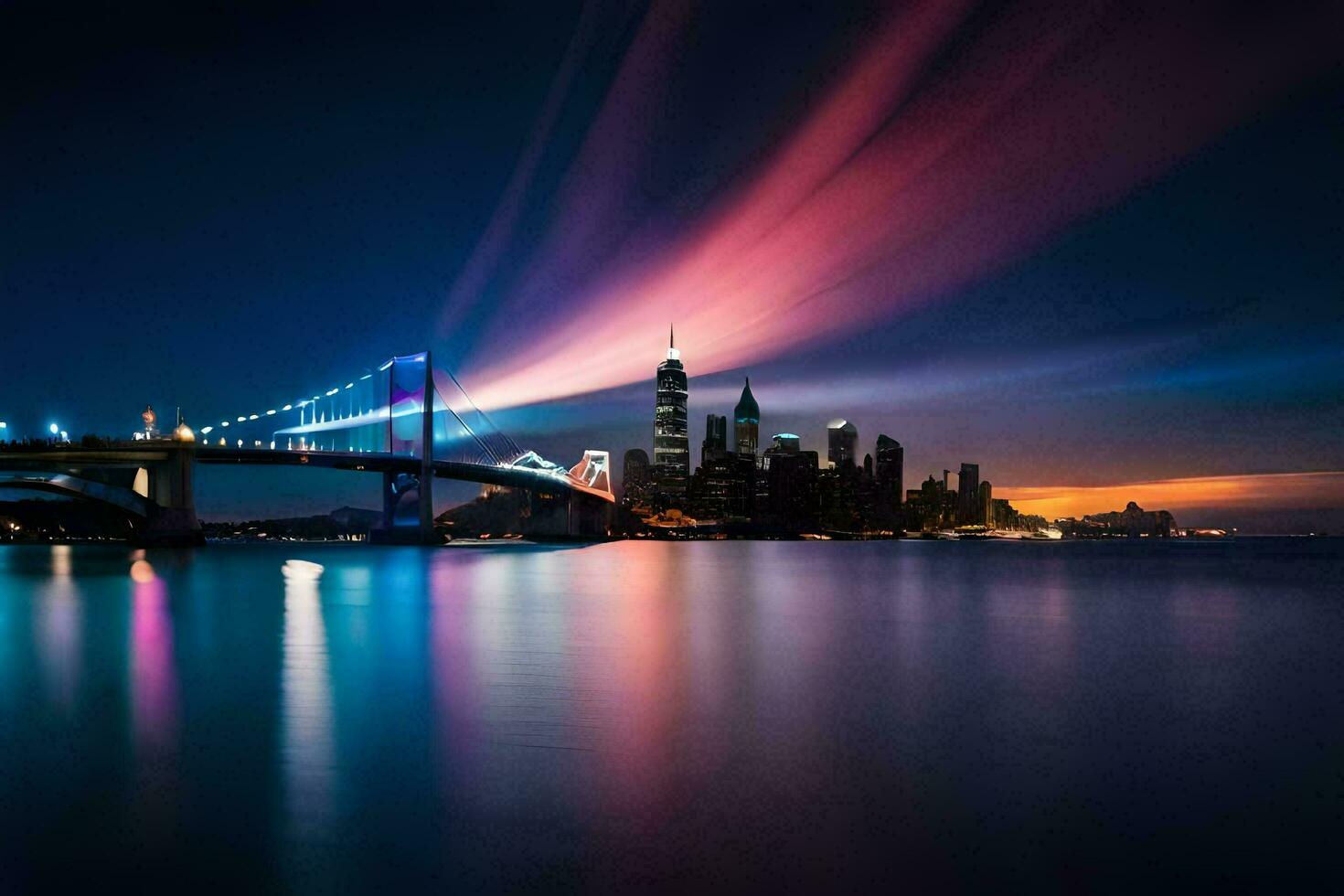 the city skyline at night with colorful lights. AI-Generated photo