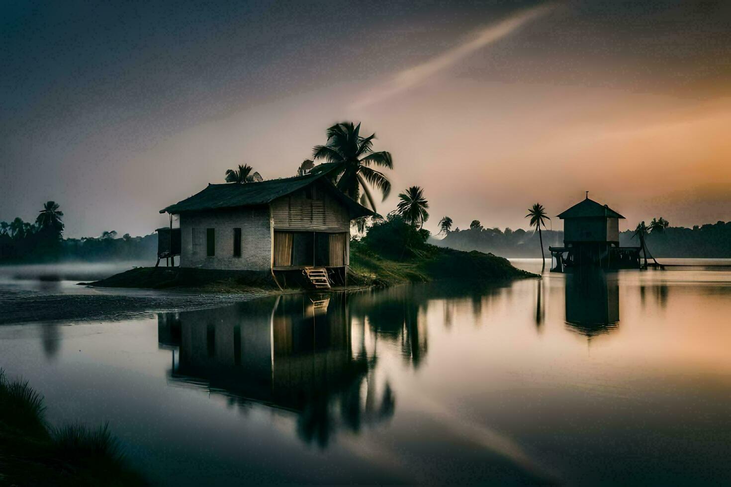 a house on an island in the middle of the water. AI-Generated photo