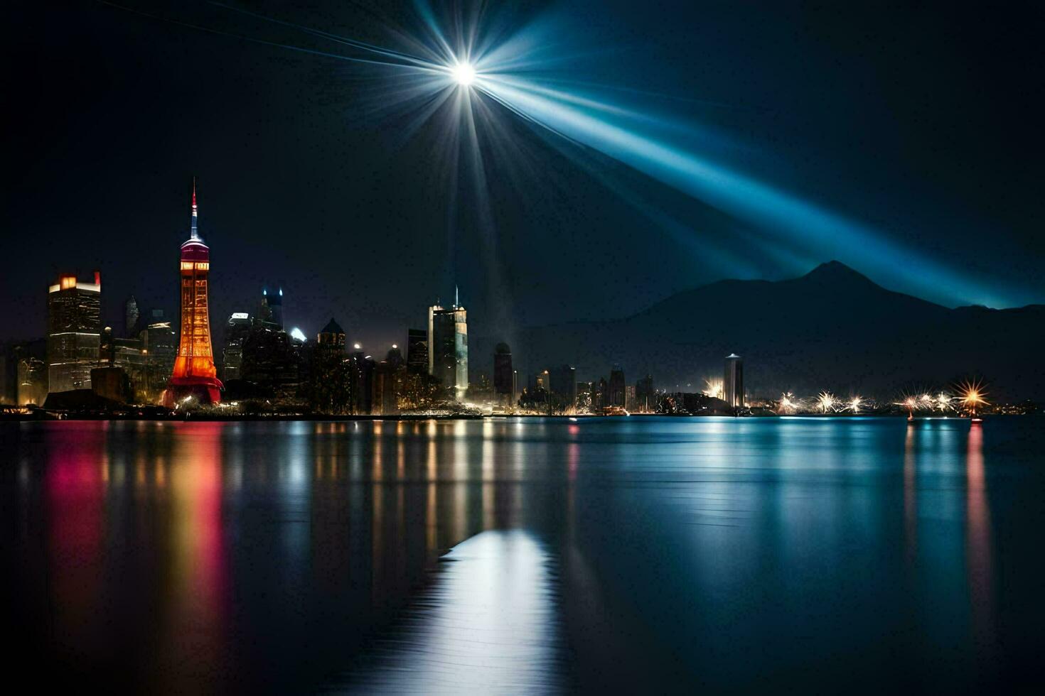 the city lights up at night with a bright light shining over it. AI-Generated photo