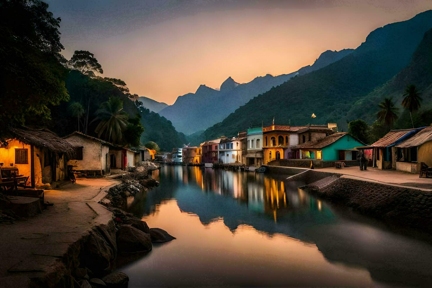 a river in the mountains with houses and mountains in the background. AI-Generated photo