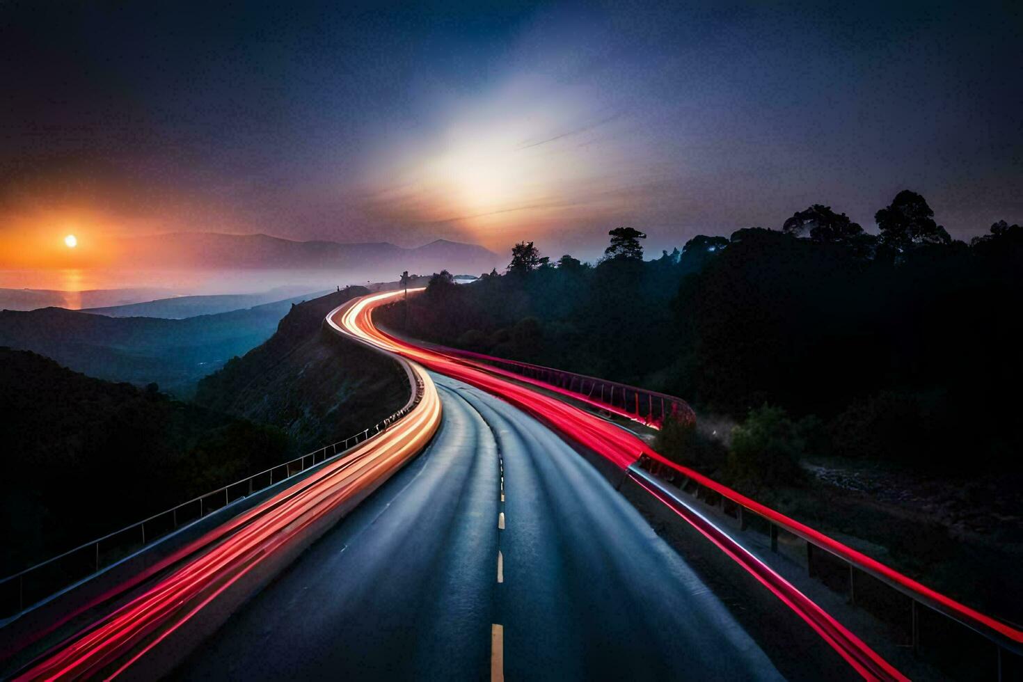 a long exposure photo of a highway at sunset. AI-Generated