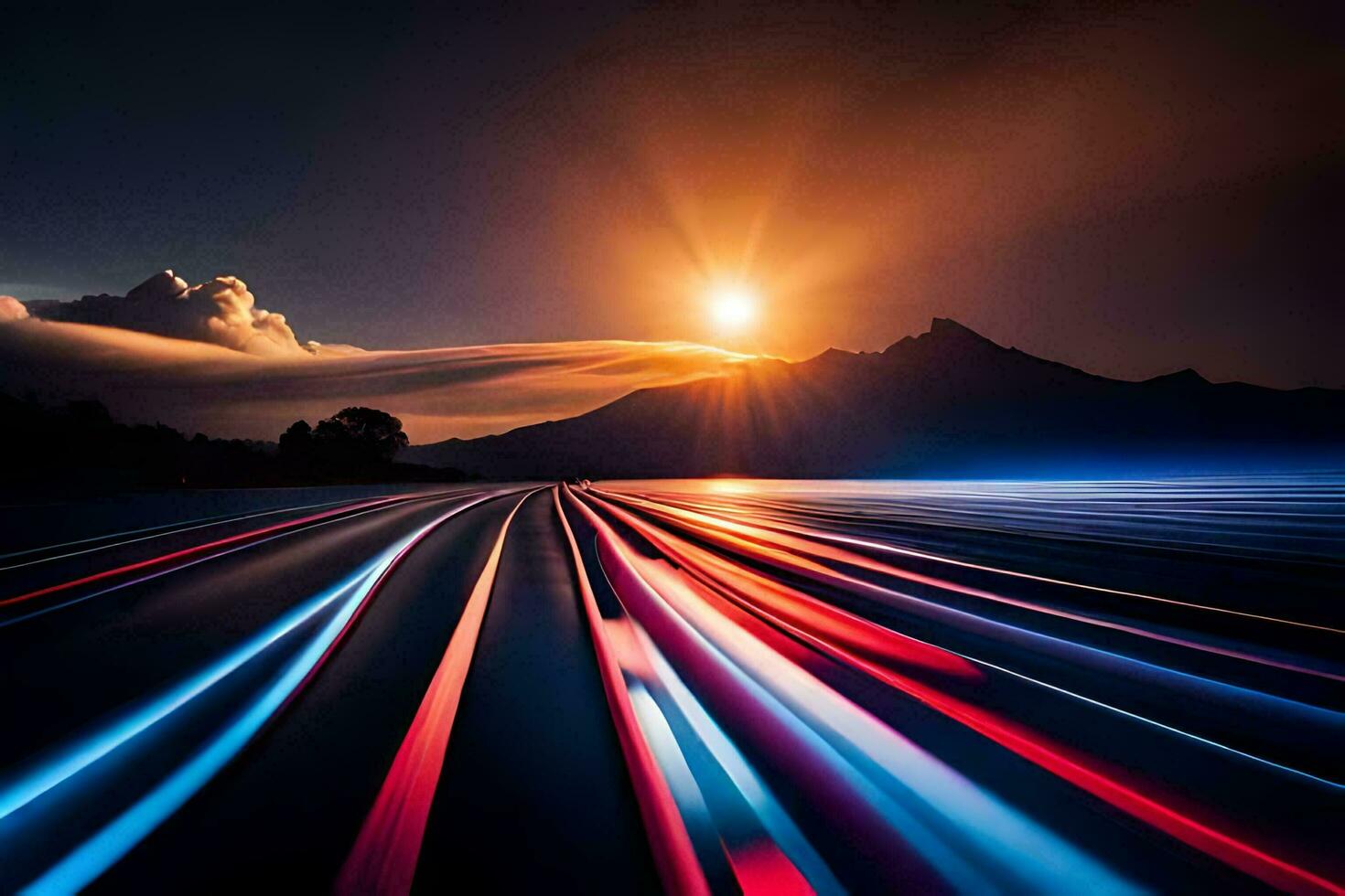 a long exposure photograph of a road with light trails. AI-Generated photo