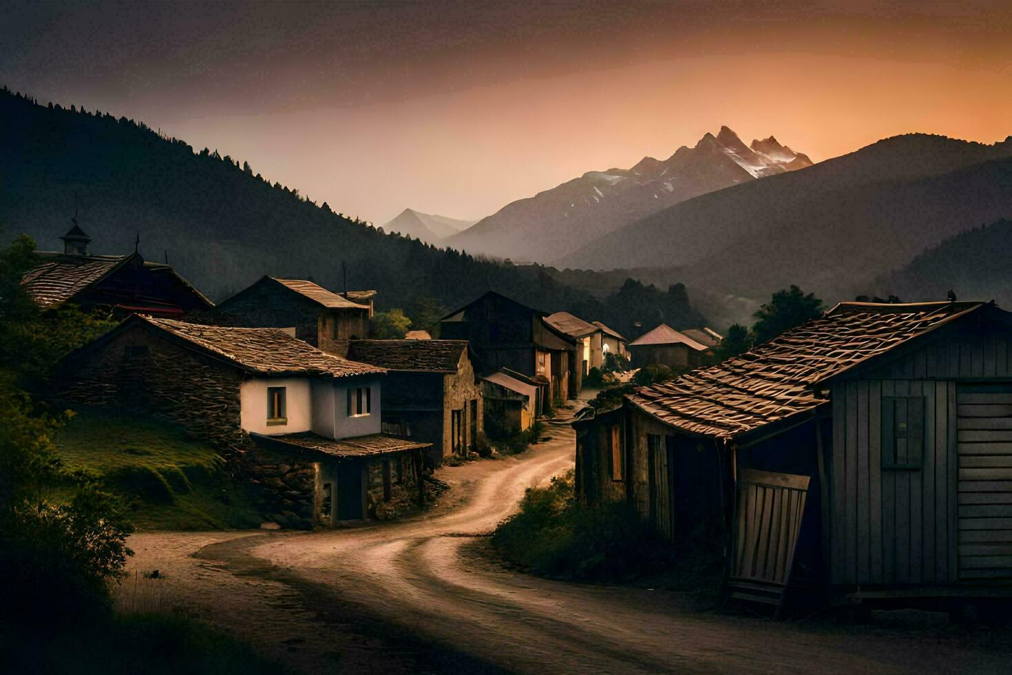 un pueblo en el montañas a puesta de sol. generado por ai foto