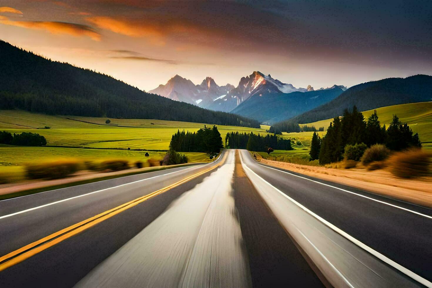 a long exposure photograph of a road in the mountains. AI-Generated photo