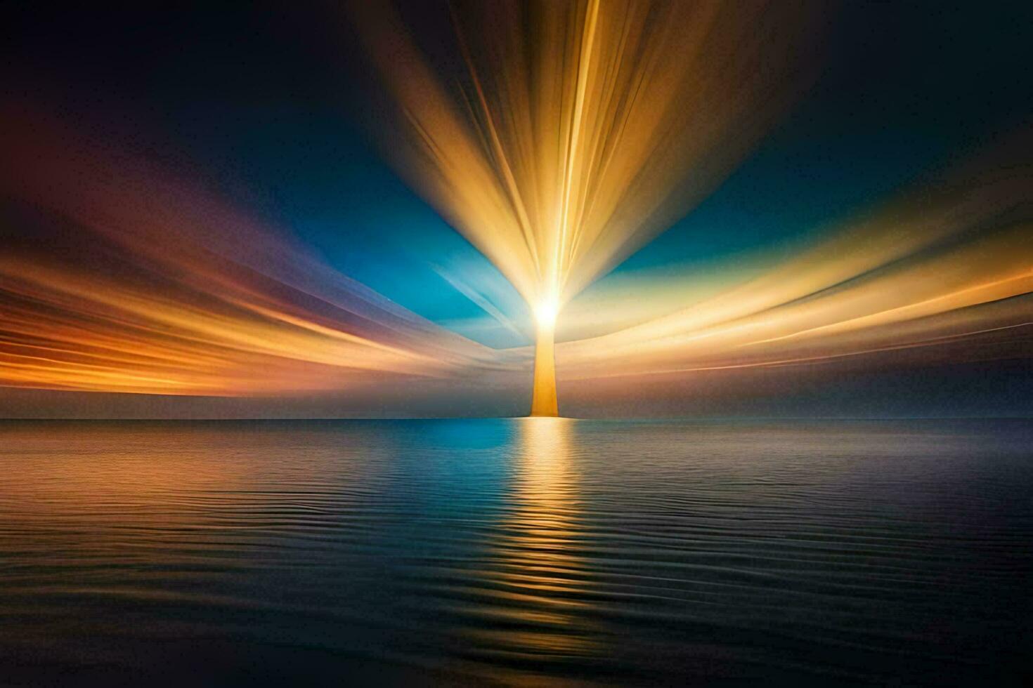 a long exposure photograph of a light beam shining over the ocean. AI-Generated photo