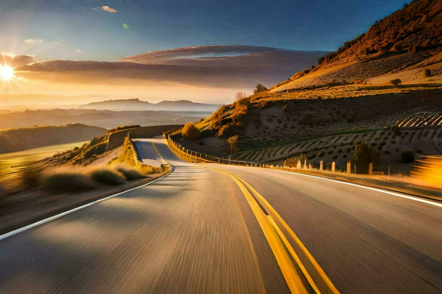 a road in the mountains with the sun setting. AI-Generated photo