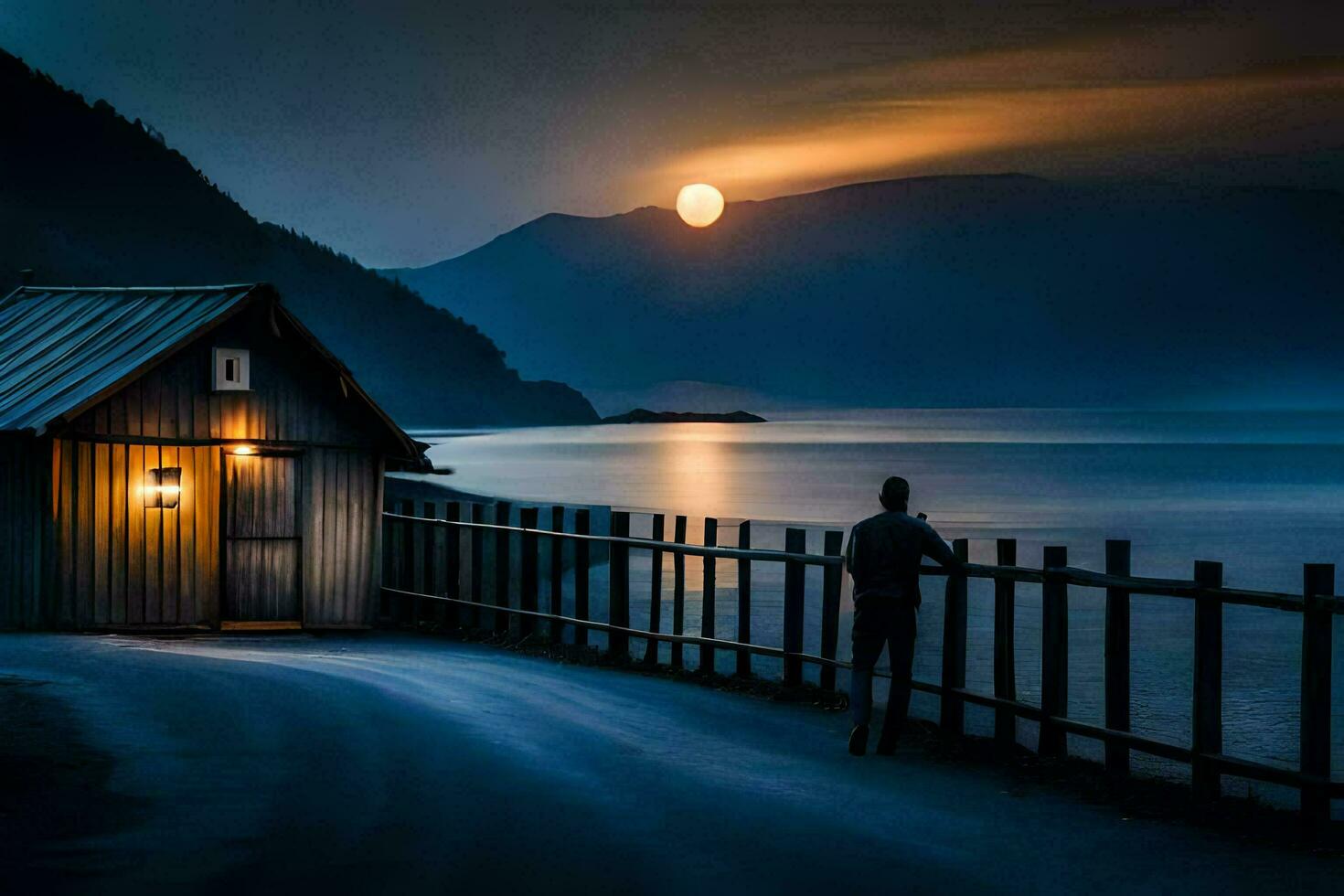 a man stands on the road looking at a cabin by the water. AI-Generated photo
