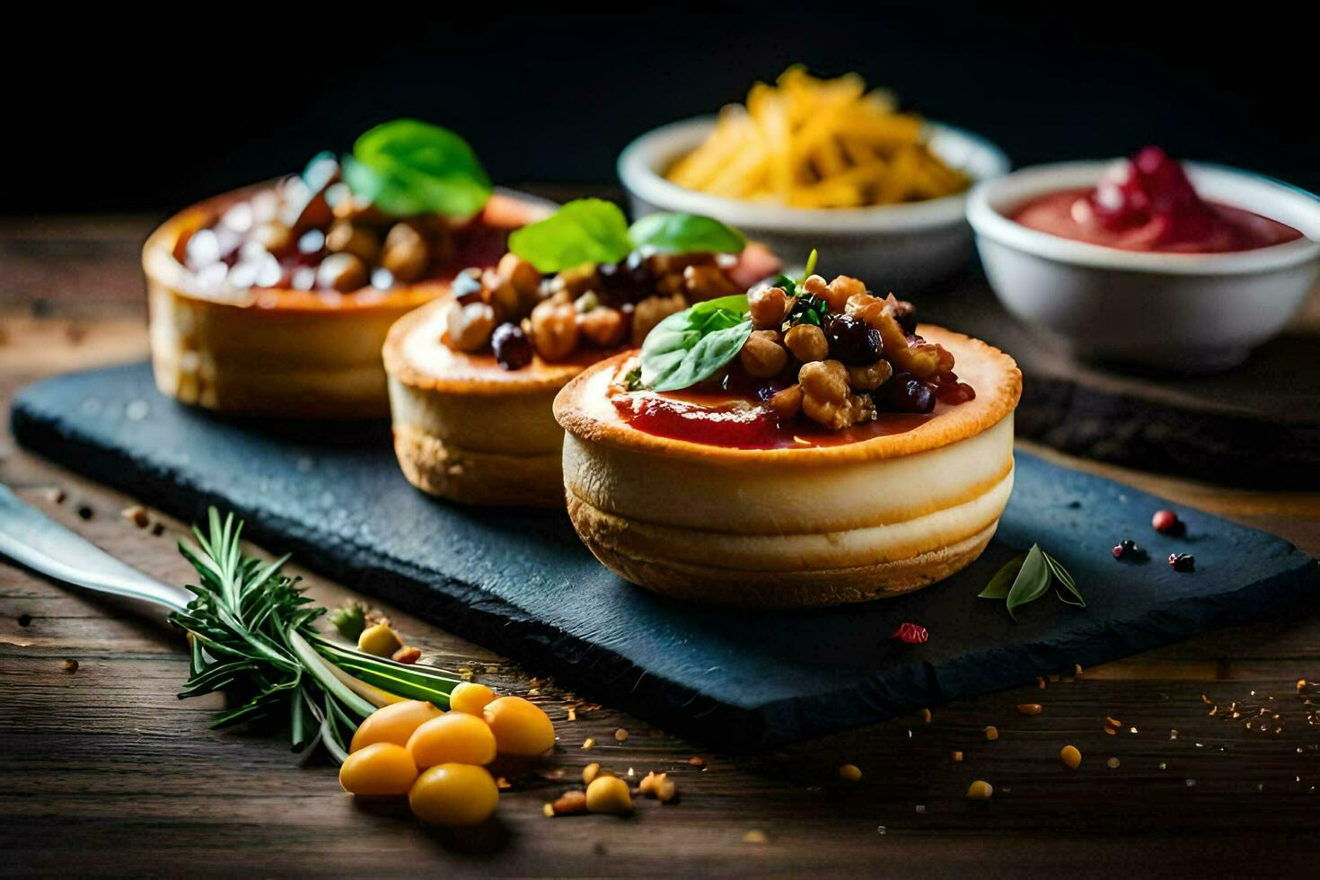 Tres mini pasteles de queso con coberturas en un negro pizarra. generado por ai foto