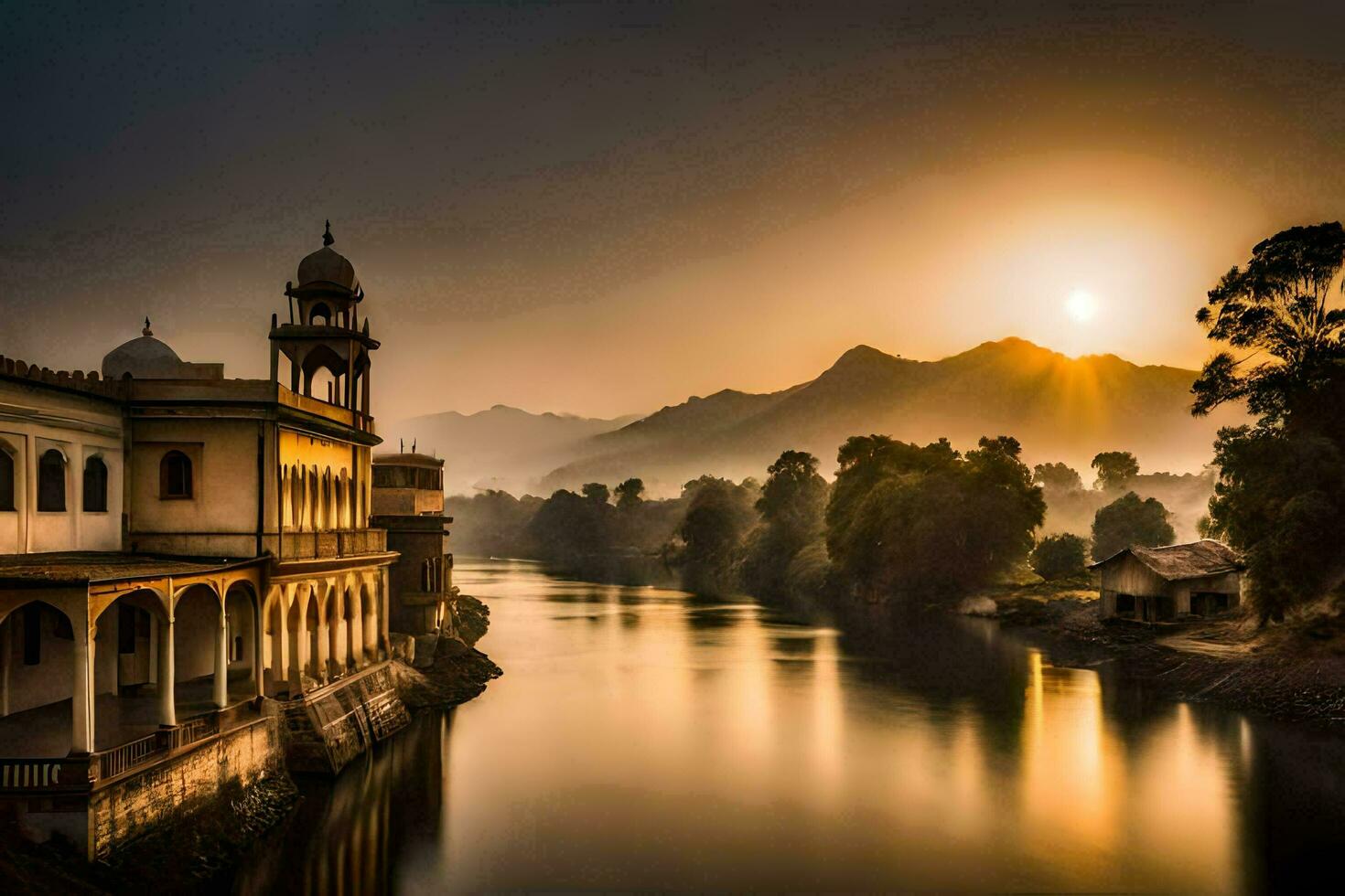 the sun rises over a river in india. AI-Generated photo