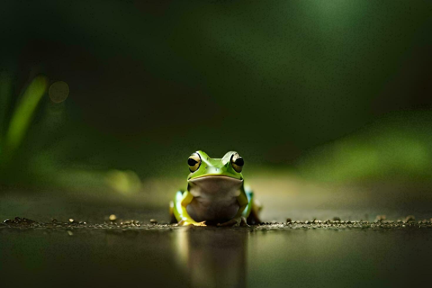 a frog sitting on the ground in front of a green background. AI-Generated photo