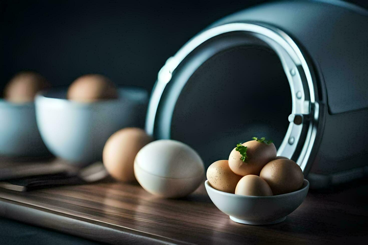 eggs in a bowl on a table next to a microwave. AI-Generated photo