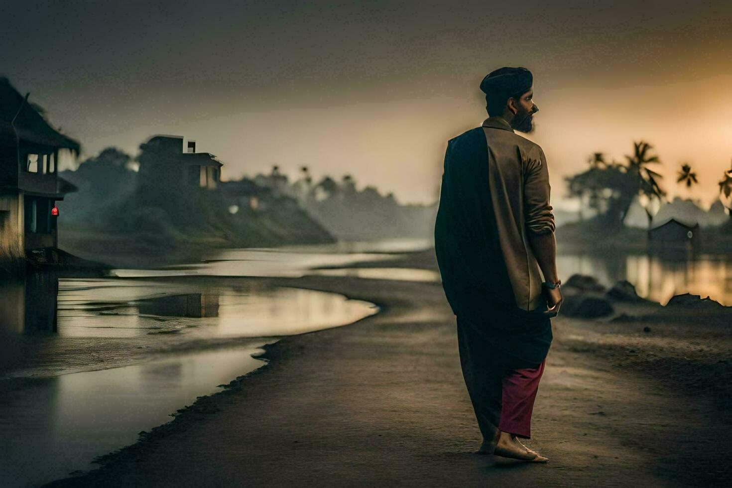 a man in a turban walks along the road at sunset. AI-Generated photo
