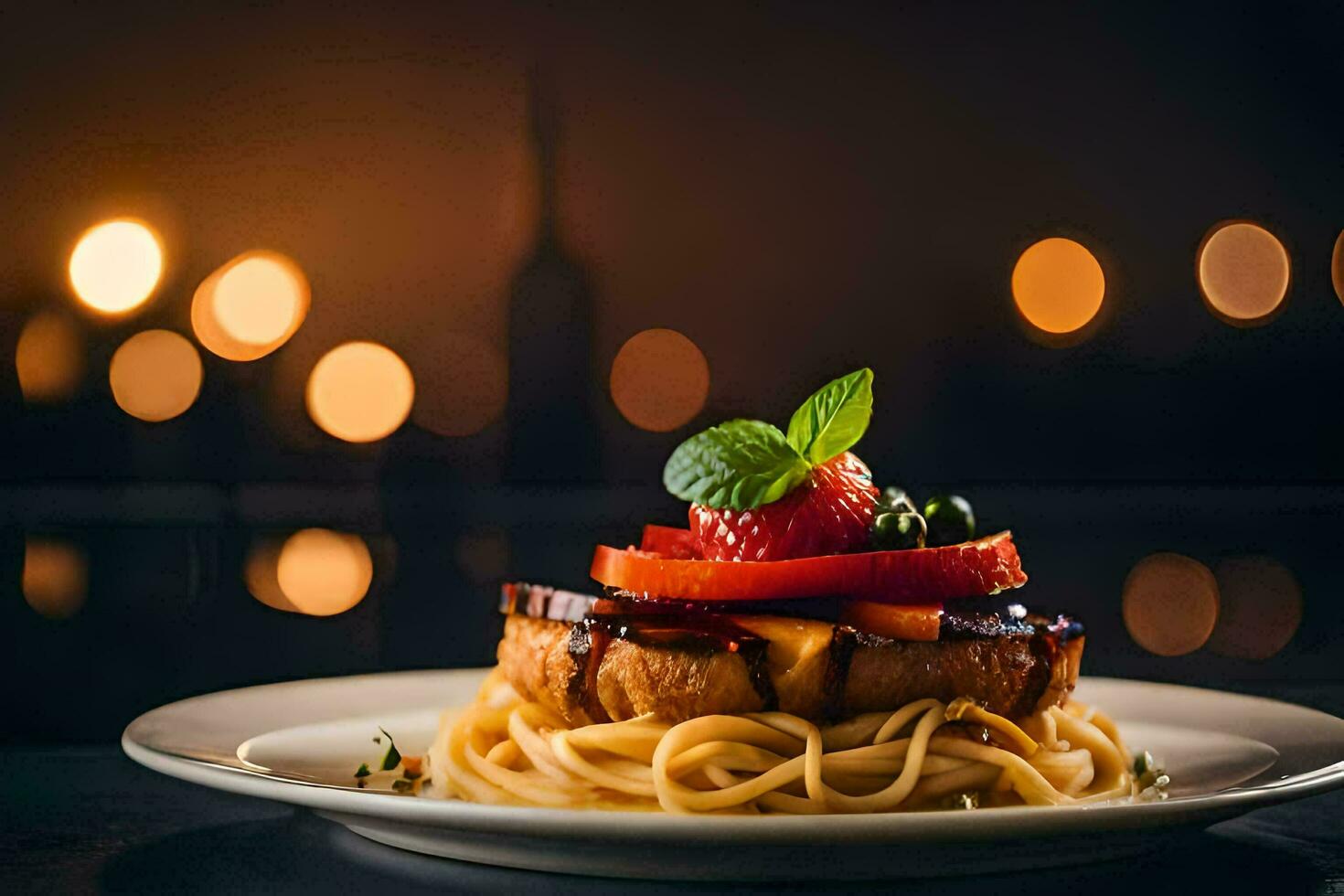 a plate of spaghetti with tomato, basil and strawberries. AI-Generated photo