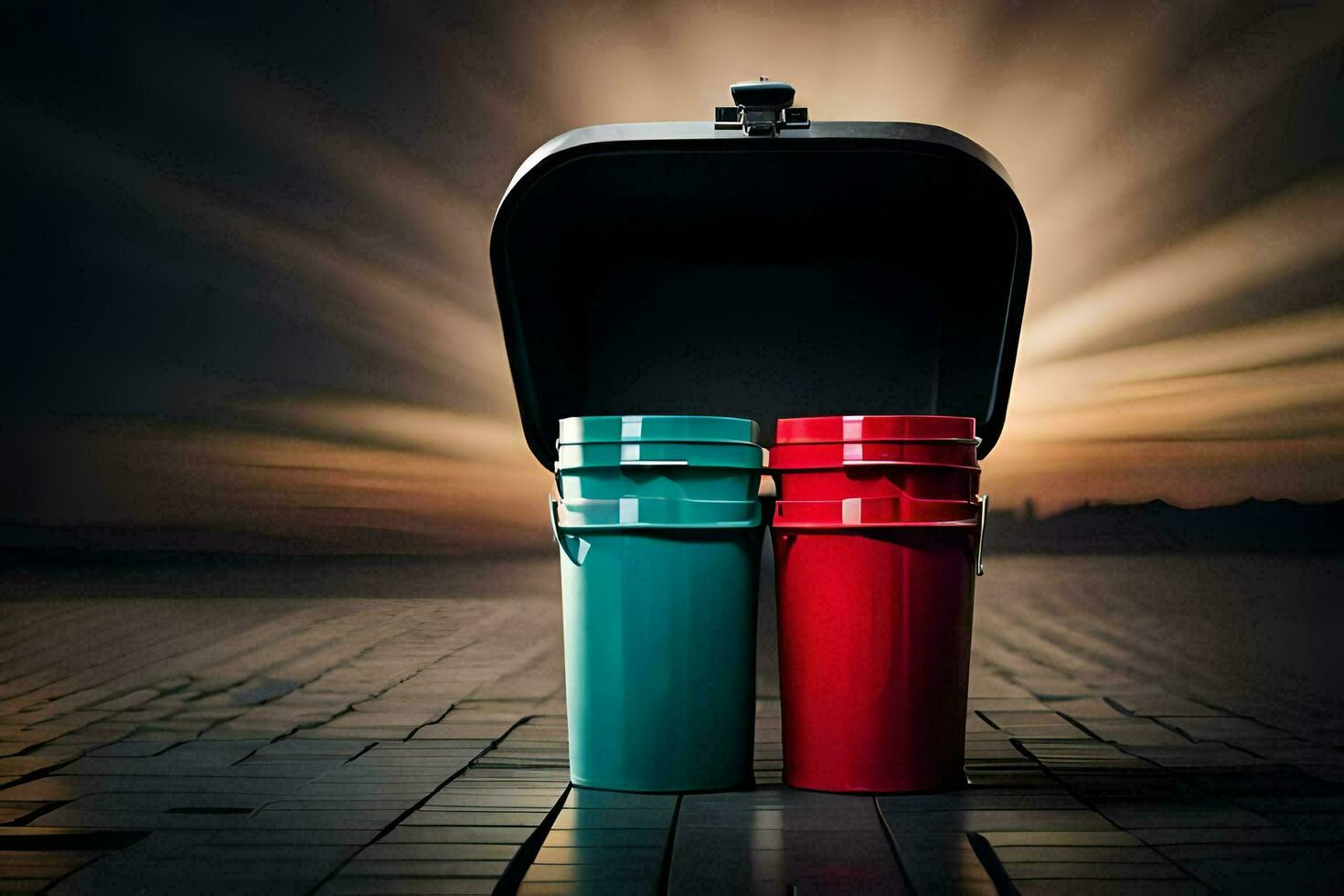two red and green cups sitting in a black suitcase. AI-Generated photo
