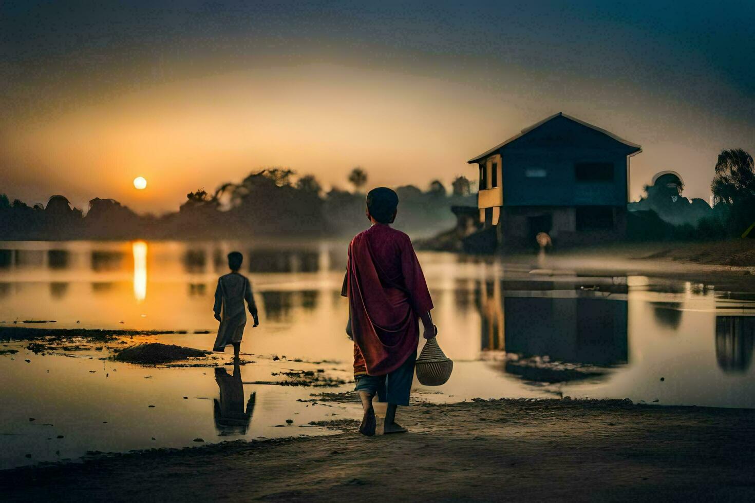 two people walking along the shore at sunset. AI-Generated photo