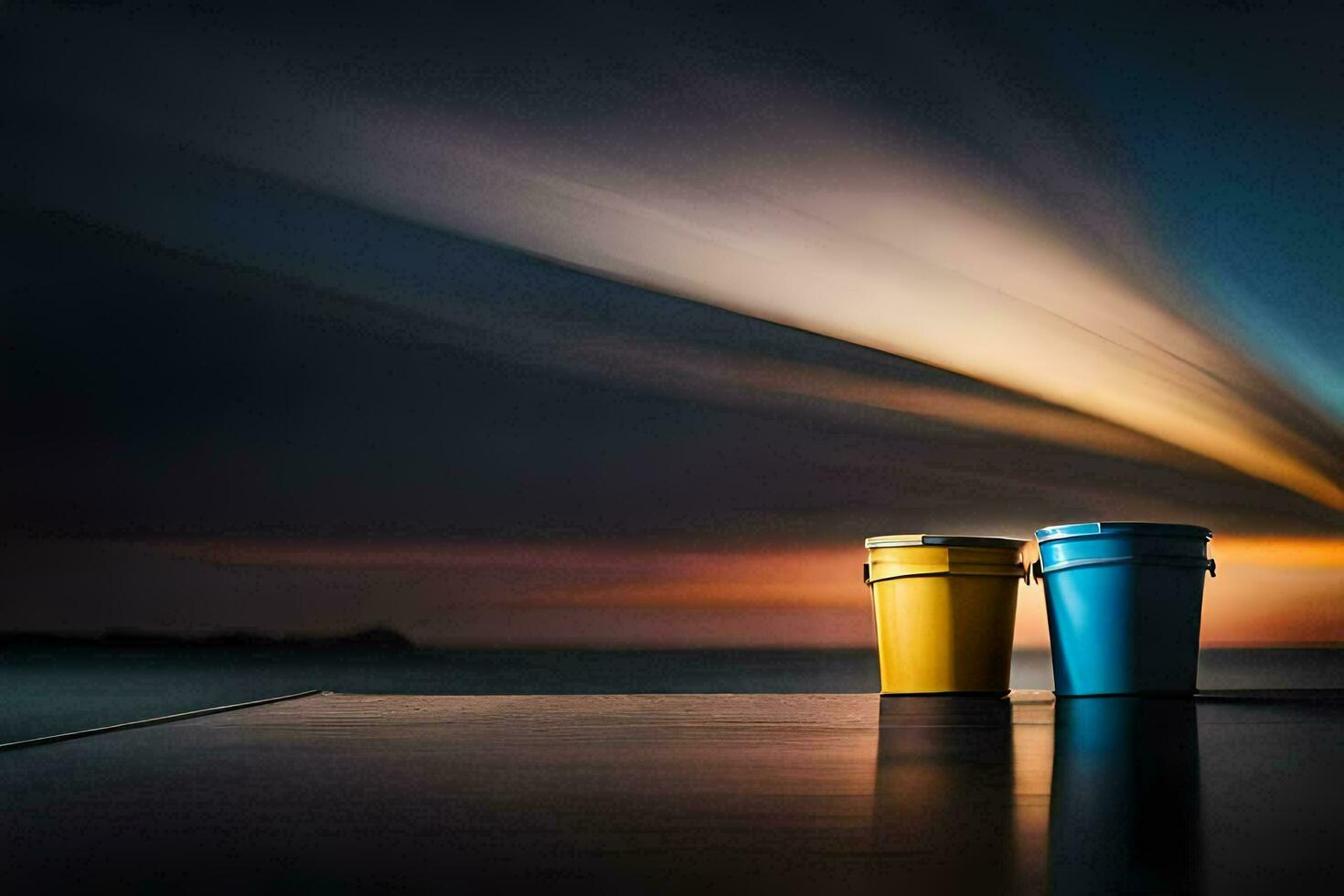 two buckets sit on the ground at sunset. AI-Generated photo