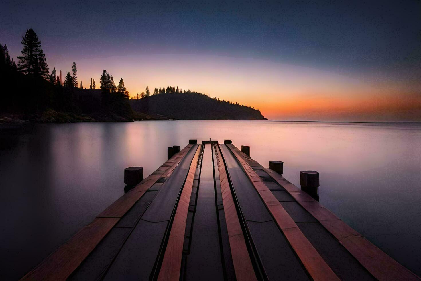 a long pier stretches out into the ocean at sunset. AI-Generated photo