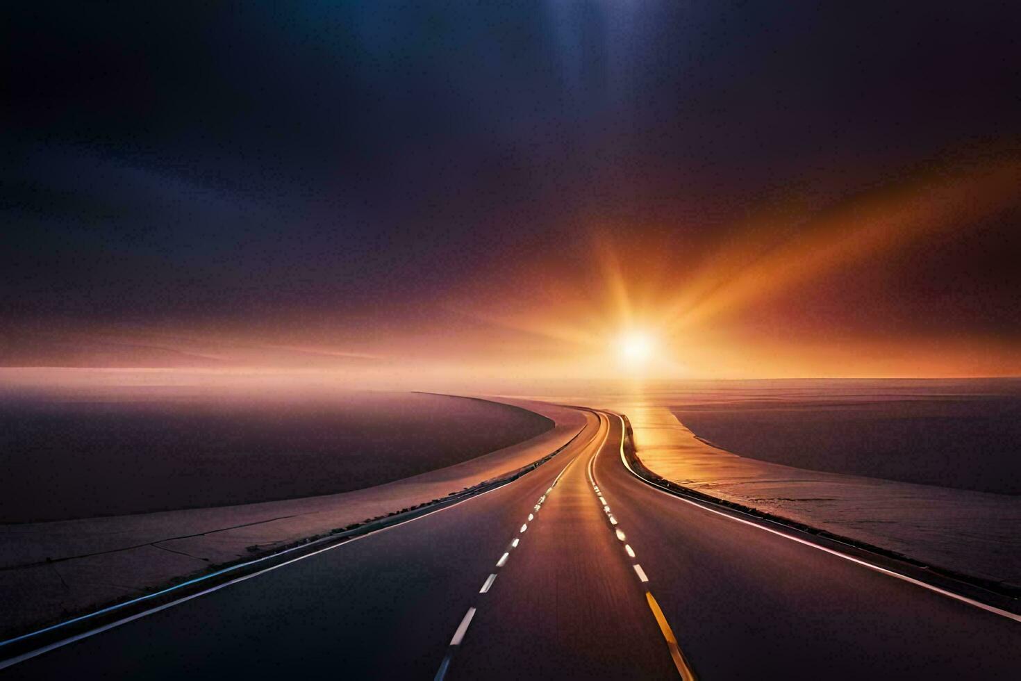 a long road with the sun setting over it. AI-Generated photo