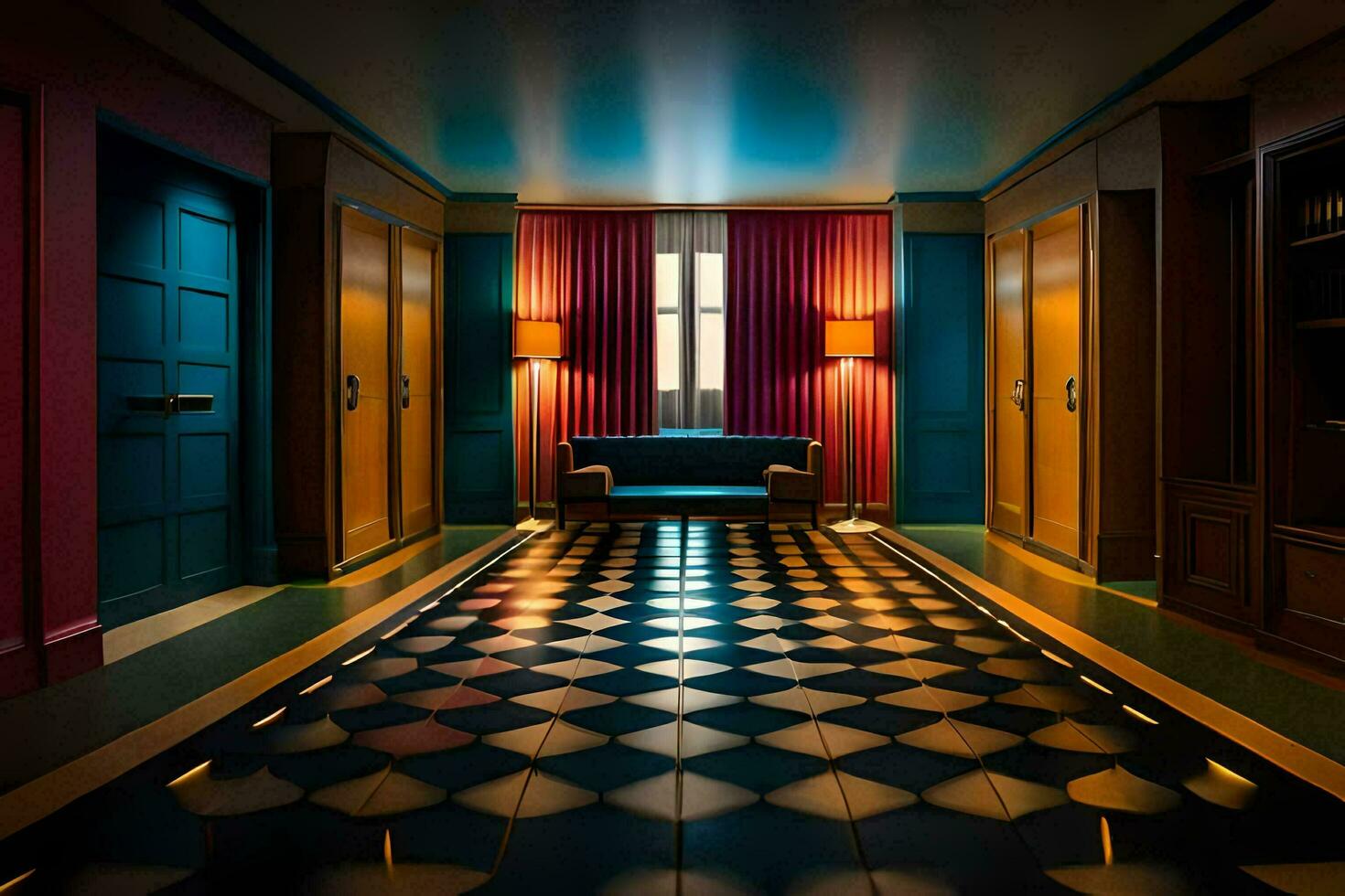 a hallway with a checkered floor and blue and red walls. AI-Generated photo